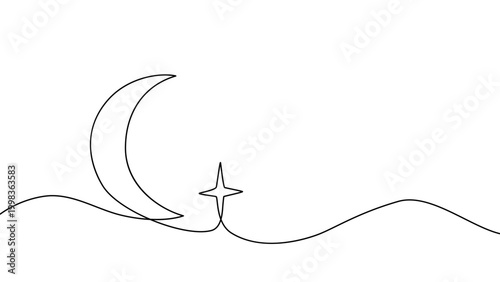 Continuous one line moon star sleep drawing eid outline illustrator. Moon star vector hand sky simple poster crescent twilight night single sketch cloud flag drawn abstract sign white design linear