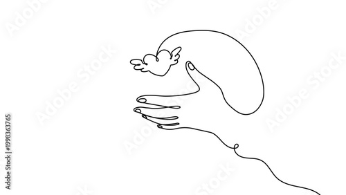 Continuous one line hand heart care health love art support volunteer. Hand heart draw life human charity icon hope donation linear family vector medicine cardiogram gift stroke emotion simple drawing