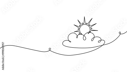 Continuous one line cloud sun art sky weather illustration outline. Sun cloud solar summer doodle graphic sketch energy linear stroke single vector icon sunny abstract park nature black ecosystem