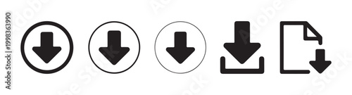 Assorted download and file icons in different styles including circular document box and paper download symbols.