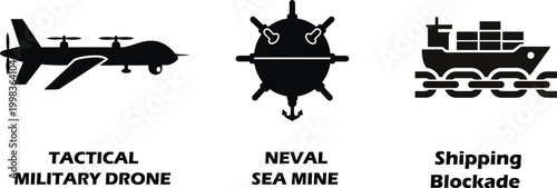 Global supply chain threat icons with naval mine and military drone set