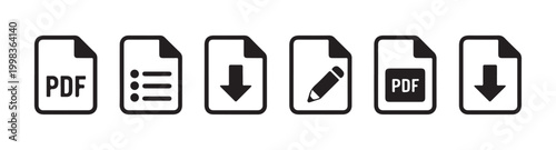 Set of six document icons including pdf file list download and edit symbols isolated on checkered background.