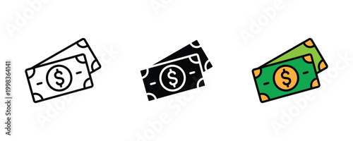 Cash money dollar bill icon vector set. Banking financial transaction, currency paper note, and business economy payment symbol.