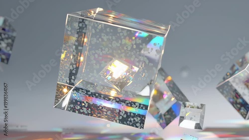 Abstract footage of floating transparent glass cubes with iridescent holographic reflections and light dispersion on a soft gray background, futuristic minimal design