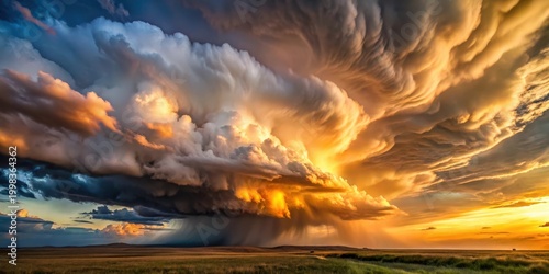 A Majestic Sunset Sky Displaying a Dramatic Cloud Formation Over a Serene Landscape