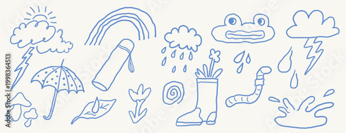 spring rainy set in hand drawn style in vector. Element for design advertisement mail posts poster print postcard banner decor backgrounds
