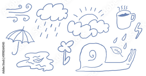 spring rainy set in hand drawn style in vector. Element for design advertisement mail posts poster print postcard banner decor backgrounds