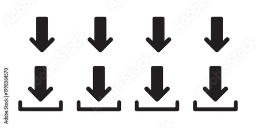 Grid of multiple download icons featuring arrows pointing towards tray for bulk data transfer and file saving.
