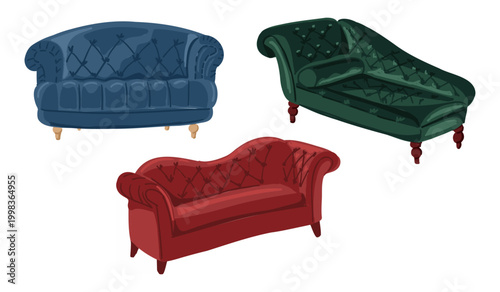 Set of vintage couch and chaise lounge in velveteen upholstery isolated on light background. Classic furniture collection for interior design and home decor concept