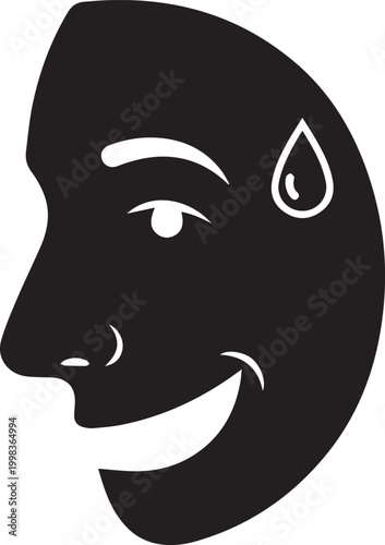 Vector illustration of a black comedy theater mask with a single tear drop isolated on transparent background
