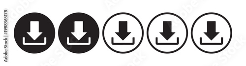 Set of black download icons in circle buttons for web design interface application and digital software systems.
