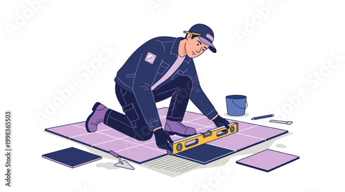Ceramic tiles installation worker vector flat 2d illustration