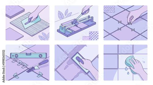 Ceramic tiles installation process vector flat 2d illustration