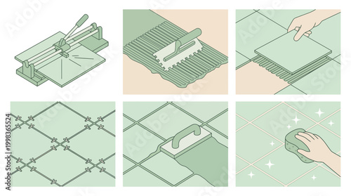 Ceramic tiles installation vector flat 2d illustration of steps