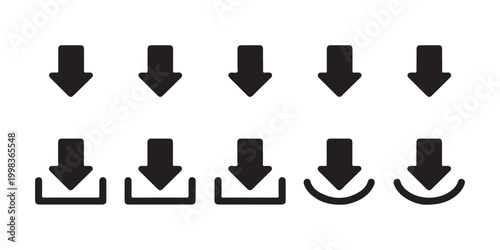 Set of black download icons featuring various arrow shapes for web interface design and software applications.