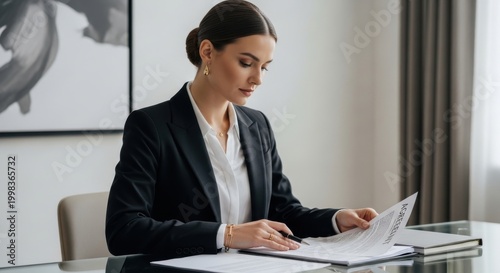 Businesswoman reviewing legal contract agreement