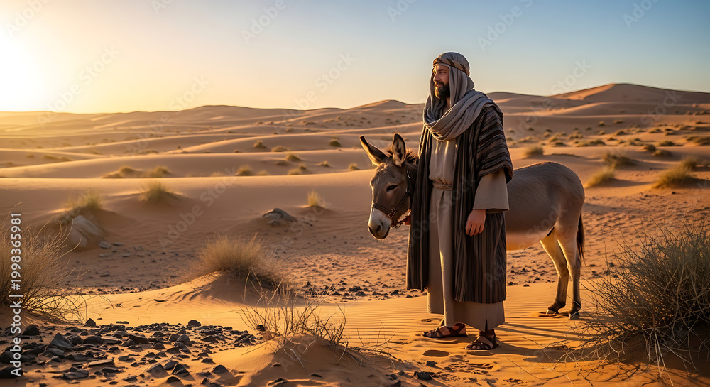 Obraz premium Ancient middle eastern nomad wearing traditional biblical robes standing beside a pack donkey in a dry arid desert landscape under bright sun for christianity and old testament historical scene.