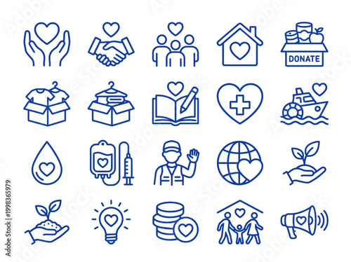 Charity and Volunteering Icon Set - Humanitarian Aid, Donation, and Community Support Line Icons