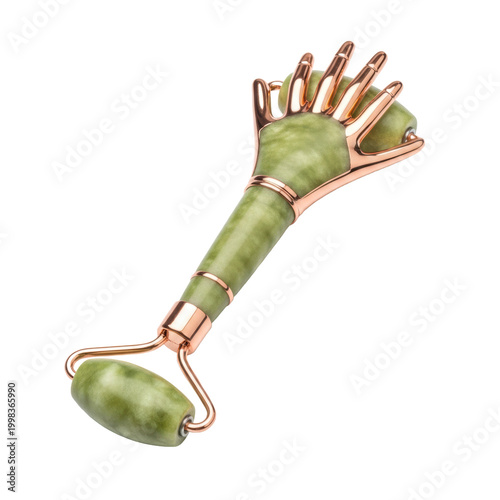 Green jade facial roller with rose gold hand shaped accent
