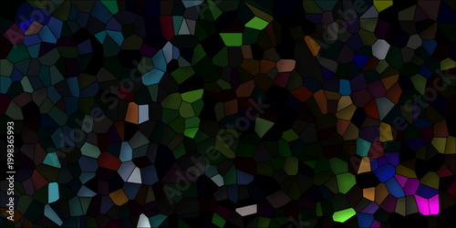 Vibrant abstract mosaic background with irregular polygons in dark, rich colors like blue, green, and purple on a black backdrop for visual impact