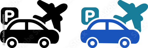 空港駐車場を表す車・飛行機・Pマークのアイコン｜パーキング・空港送迎（Airport Parking Icon with Car, Airplane and P Sign）
