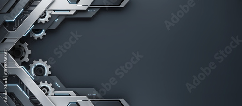 Futuristic Industrial Technology Background with Silver Gears, Metallic Abstract Shapes and Large Copy Space on Dark Grey