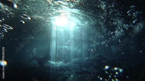 Reactor structure submerged underwater, light rays filtering through water, bubbles rising slowly, glowing energy diffused, creating a cinematic, ethereal underwater scene with high-tech ambiance.