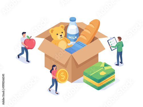 Isometric Illustration of Volunteers Collecting Charity Donations in a Large Cardboard Box for Humanitarian Aid and Community Support