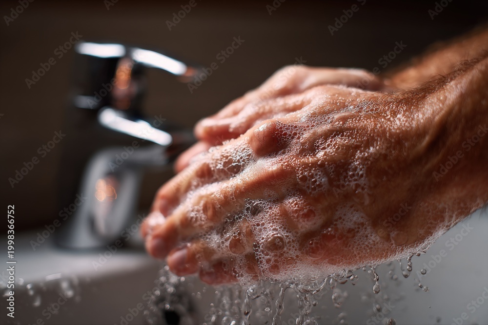 Fototapeta premium Close up of hands washing with soap and water at a bathroom sink, promoting hygiene and cleanliness