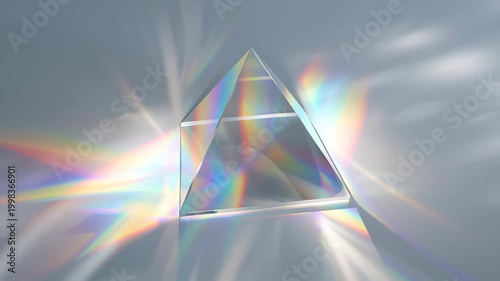 Abstract close-up footage of a transparent glass prism splitting white light into colorful rainbow beams and caustics on a soft gray surface, science and optics concept