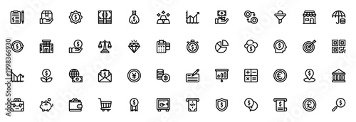 Economy icon set. Business finance vector icons pack. Includes contract, money bag, profit, chart, growth, bitcoin, bank, wallet and more. Editable stroke.