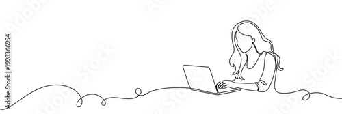 Continuous one line laptop woman computer drawing work desk art. Laptop woman computer outline sketch girl vector worker office customer screen doctor draw healthcare person typing pc businesswoman.