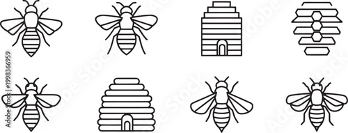 Minimalist line art of bees and honeycombs a black and white illustration collection