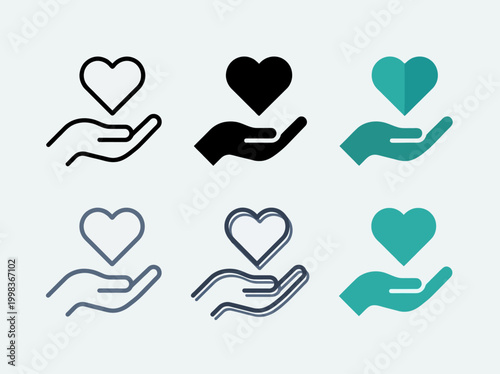 Set of Hand Holding Heart Icons in Multiple Styles for Charity, Healthcare, and Love Concepts - Vector Illustration