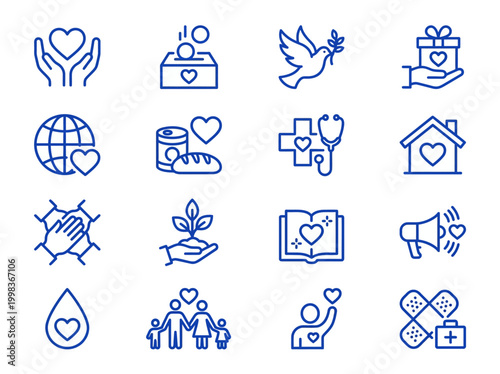 Charity and Donation Icon Set - Humanitarian Aid, Social Welfare, and Volunteer Work Linear Symbols