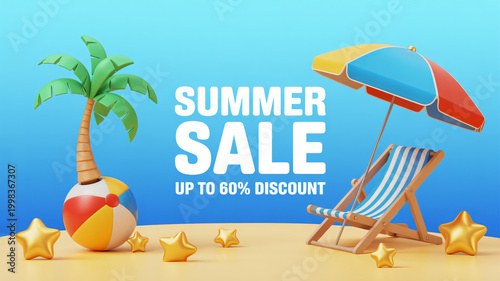 summer sale banner with beach chair umbrella palm tree and stars high quality professional detailed modern