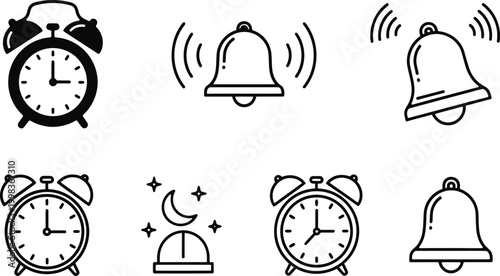 Collection of hand drawn alarm clocks and bells a time and notification symbol set
