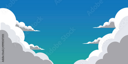 Blue sky cloud vector illustration in flat design style featuring layered soft clouds with open space center, ideal for backgrounds, banners, wallpapers, weather apps, and creative design use