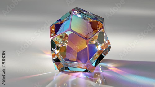 Abstract footage of a faceted iridescent glass polyhedron rotating on a glossy surface, casting rainbow refractions and prism light beams on a soft background