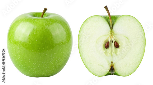 Fresh organic ripe green granny smith apples whole and sliced over a transparent background