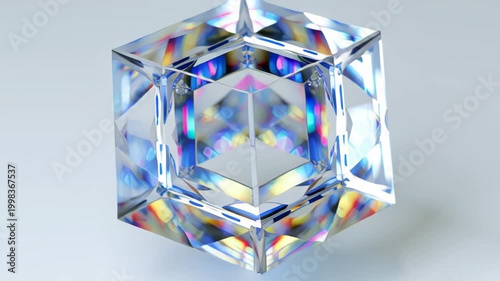 3D style footage of a transparent faceted crystal cube rotating with colorful light dispersion and reflections on a minimal pale background, modern luxury and tech look