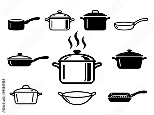 Kitchen Cookware Icon Set - Vector Silhouette Illustration of Pots, Pans, Woks, and Saucepans for Culinary, Restaurant, and Home Cooking Designs