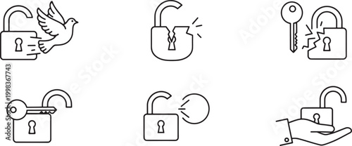 Collection of hand drawn padlock and key icons in black and white style