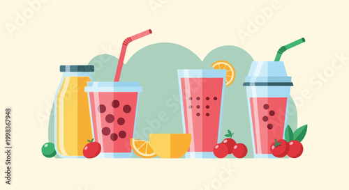 A colorful vector illustration featuring a variety of fruit juices, smoothies, and fresh fruits like oranges and cherries.