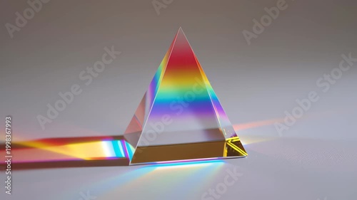 Close-up footage of a transparent glass prism refracting sunlight into a vivid rainbow spectrum, casting colorful beams and reflections on a clean white background