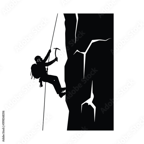 Ice climber with pickaxe scaling frozen cliff silhouette vector