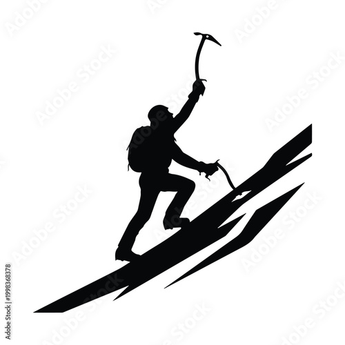 Mountaineer climbing steep icy mountain with ice axes in hand
