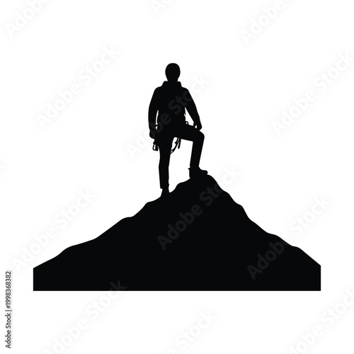 Mountain climber standing on summit silhouette vector illustration