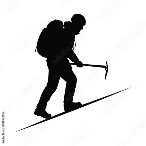 Mountaineer walking uphill on a steep icy slope with equipment