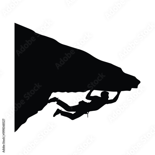 Silhouette of extreme rock climber scaling overhang on mountain face